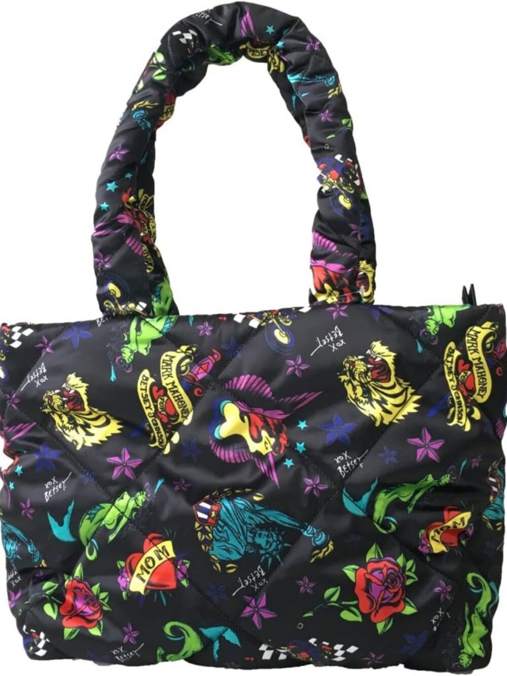 Large Black Quilted Nylon Shoulder Bag, Tattoo Print Tote, Stylish Carryall for